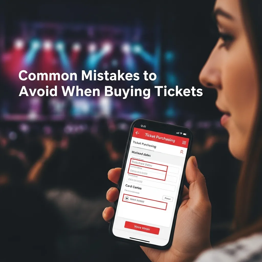 Infographic illustrating common mistakes to avoid when buying tickets, including missing presale opportunities, ignoring fees, purchasing from unverified resale sources, waiting too long for high-demand events, overlooking seat maps, and failing to compare ticket platforms for best prices and availability.