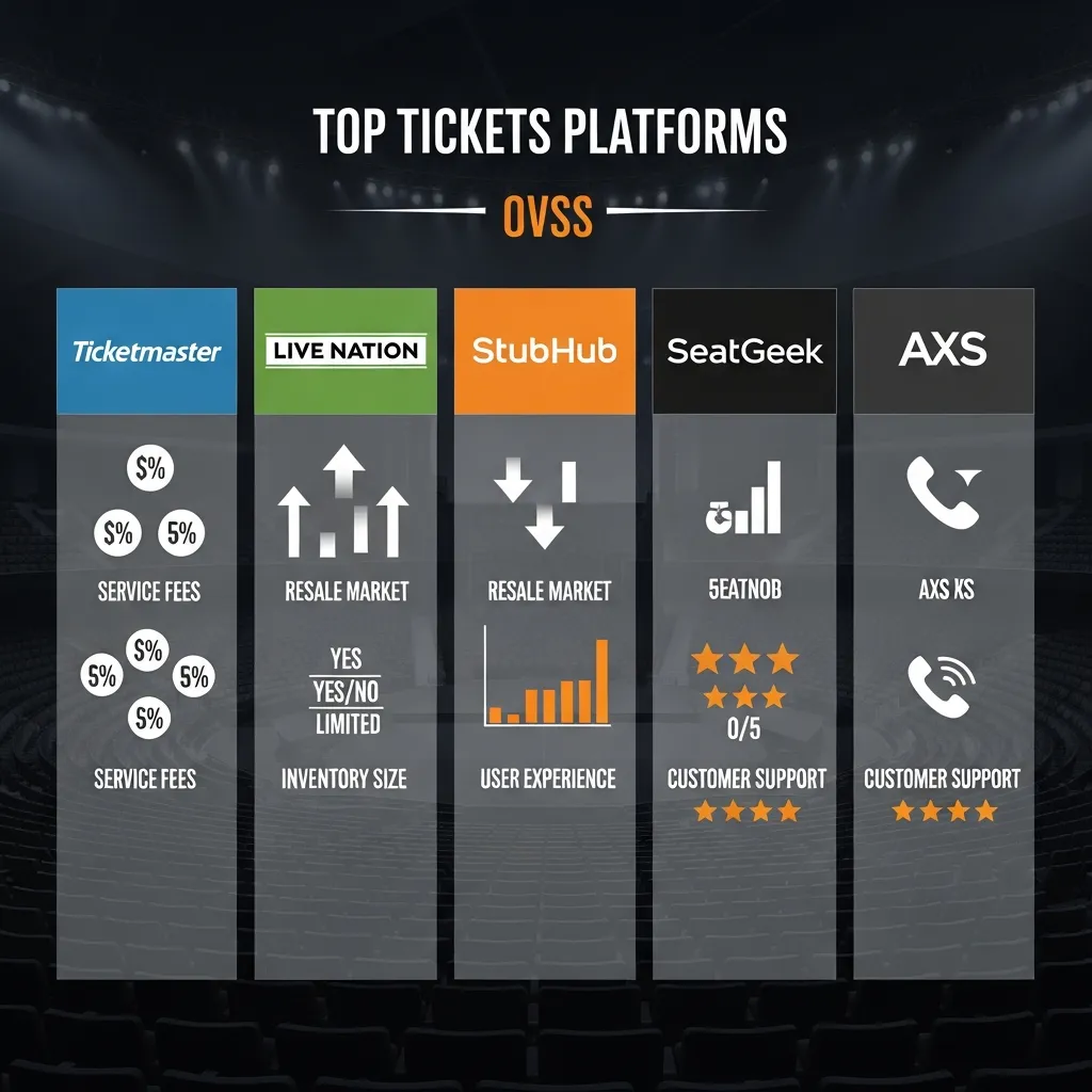 Infographic comparing top ticket platforms including Ticketmaster, StubHub, SeatGeek, and Viagogo, highlighting differences in pricing, fees, ticket availability, resale options, buyer protection, user experience, and reliability for concerts, sports, and live events.