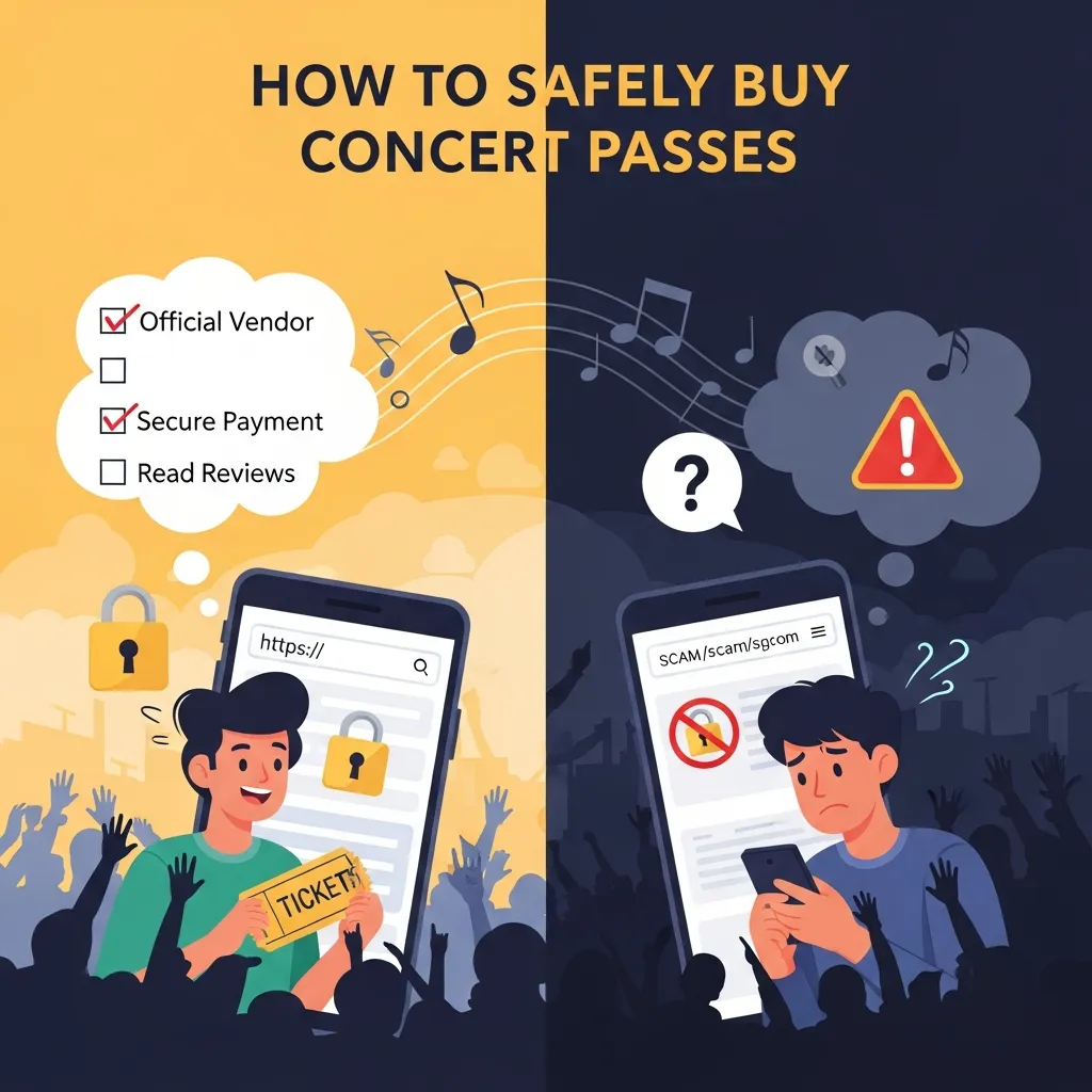 Clean informational infographic illustrating how to safely buy concert passes, featuring official ticket vendors, verified websites, secure payment methods, fraud warning symbols, QR code entry systems, and step-by-step purchasing guidance in a modern safety-focused design.