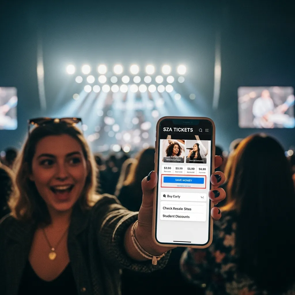 Visual guide to saving money on SZA tickets with deals, offers, and early booking tip