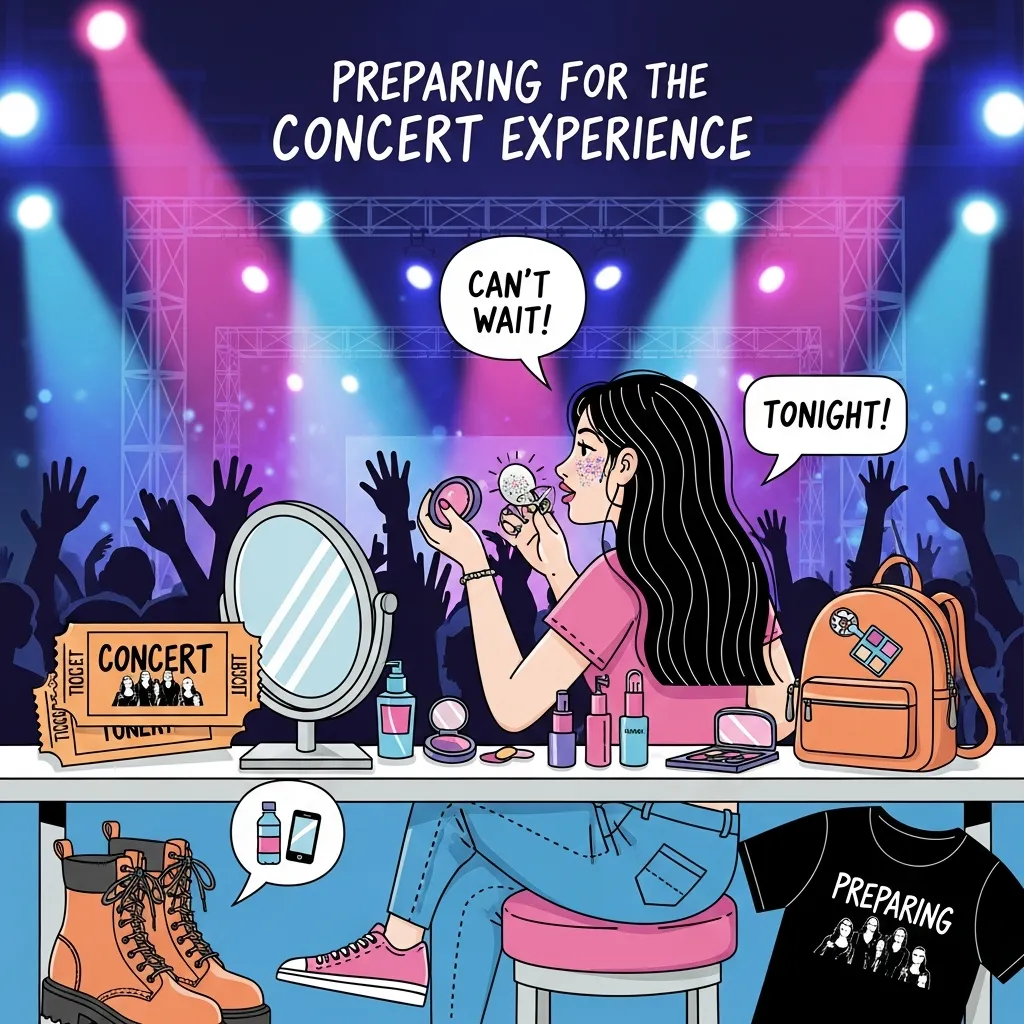 Modern lifestyle infographic illustrating preparing for the concert experience, featuring ticket checklists, venue entry tips, travel planning, outfit preparation, safety essentials, mobile ticket scanning, and crowd navigation in a clean vibrant music event design.