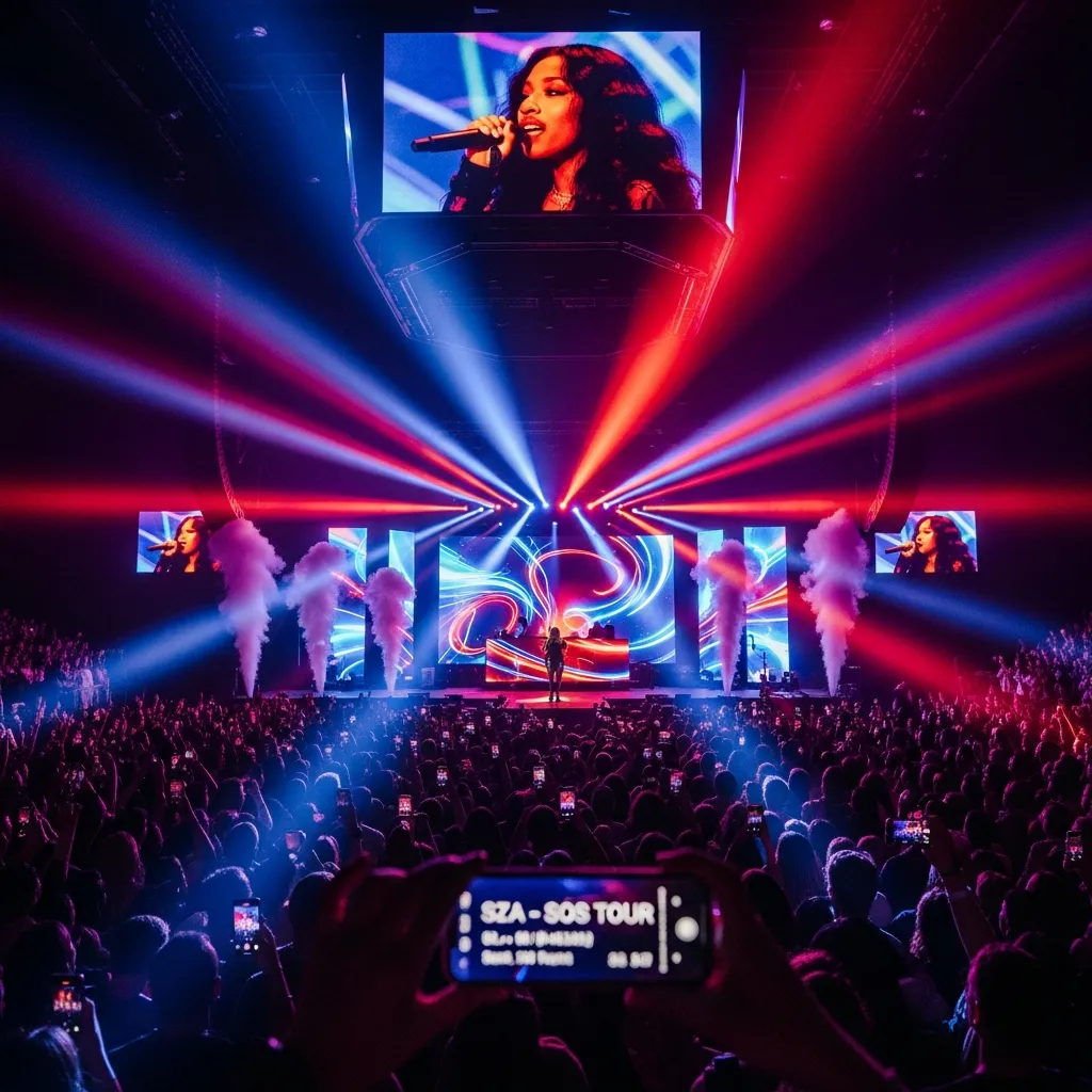 Crowd enjoying a live SZA concert experience with vibrant stage lighting and music atmosphere