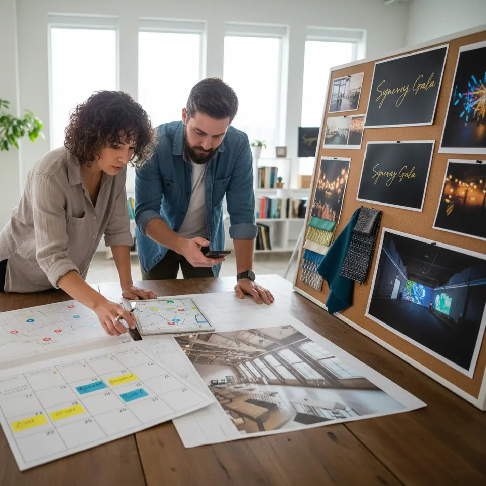 Choosing the ideal date, venue, and theme: a calendar with highlighted date options, map pins marking potential venues, an open floor plan overlaid on a photo of a modern event hall, alongside a mood-board collage of lighting schemes, branded signage, and interactive installations that convey a cohesive theme.