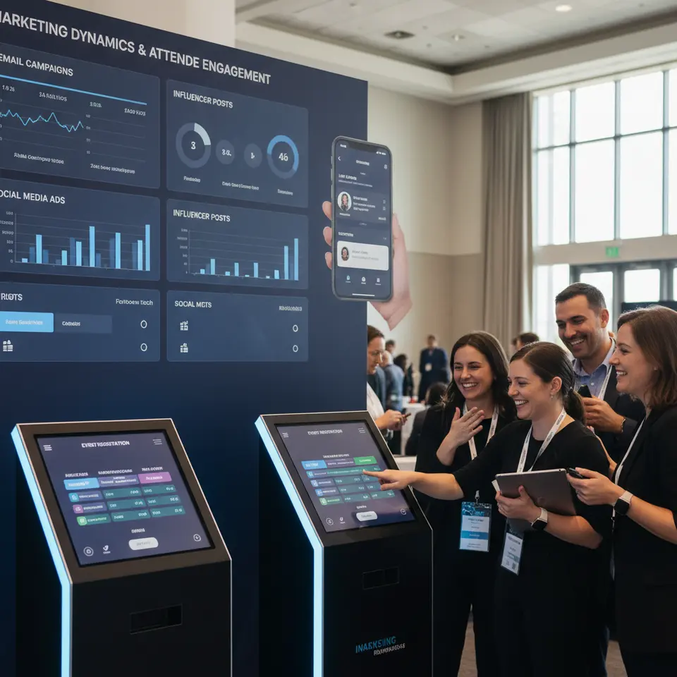 Marketing dynamics and attendee engagement: a multi-channel dashboard showing email campaigns, social media ads, and influencer posts; next to it, a smartphone displaying an event app with live polling and networking features; in the foreground, branded check-in kiosks and attendees interacting with a digital gamified leaderboard.