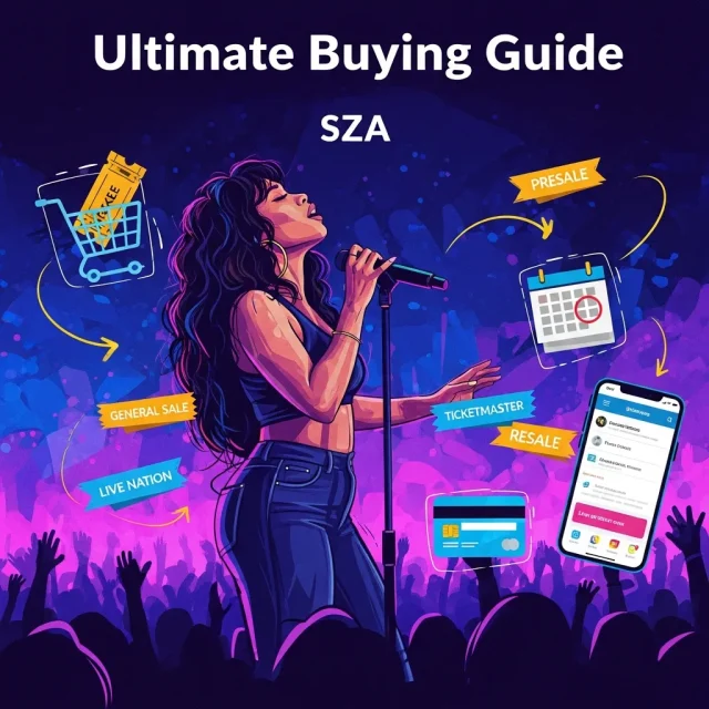 Modern concert guide infographic illustrating SZA tickets and the ultimate buying guide, featuring official ticket platforms, price tiers, presale access, seating selection, verified purchase steps, fraud prevention tips, and venue experience visuals in a clean stylish music event design.