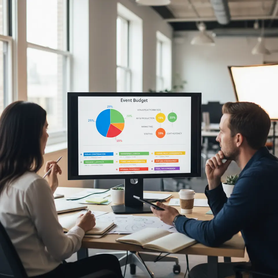 A split infographic combining an itemized event budget pie chart (venue/platform fees, AV and production, marketing, catering/digital swag, staffing, contingency) with a horizontal project timeline beneath it. The timeline is broken into color-coded milestones—venue confirmation, vendor contracts, marketing launch, ticket sales checkpoints, speaker rehearsals, final walkthrough—each tagged with dates and responsible team roles.