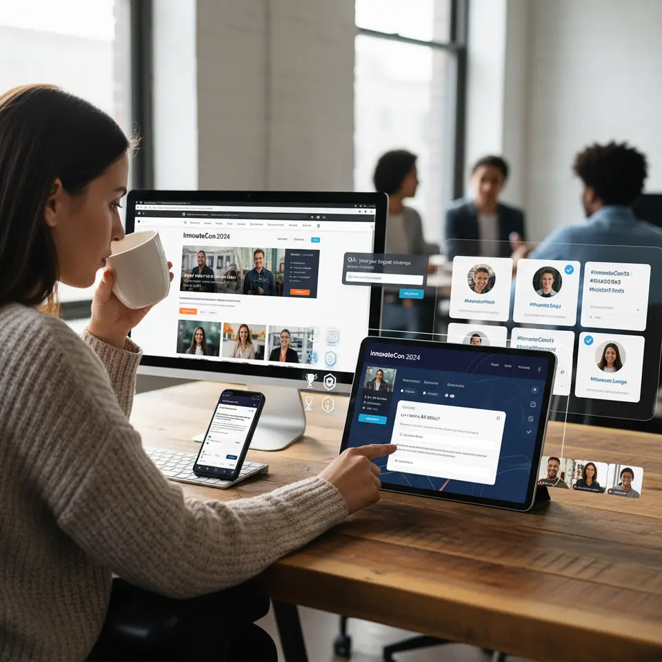 A multi-channel marketing and engagement dashboard concept: a central event app screen flanked by a desktop browser showing an SEO-optimized landing page, a mobile email campaign preview, and social media tiles with event hashtags and influencer profile images. Overlay live-poll and Q&A pop-ups, gamification icons (leaderboard, badge, scavenger hunt), and networking lounge thumbnails to illustrate attendee interaction points across channels.