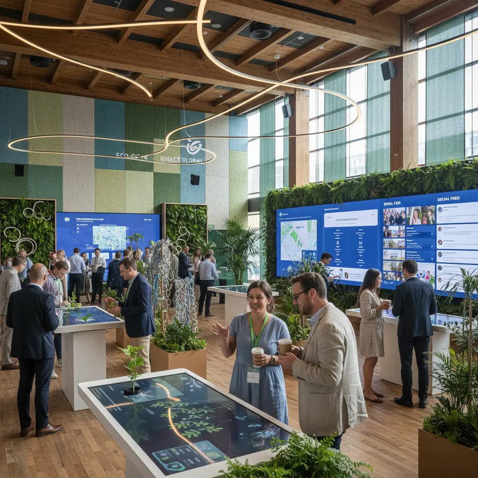 An immersive venue mock-up illustrating cohesive event theming: a spacious hall with branded LED lighting, digital signage, eco-friendly décor (recyclable materials, green plants), coordinated color palette, wayfinding kiosks, and interactive tech stations (AR displays, social media wall)