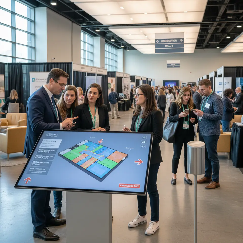 Interactive 3D floor plan showcasing an event venue layout with seating zones, exhibitor booths, breakout rooms, clear wayfinding signage, hand-sanitizer stations, and designated emergency exits in a modern conference hall