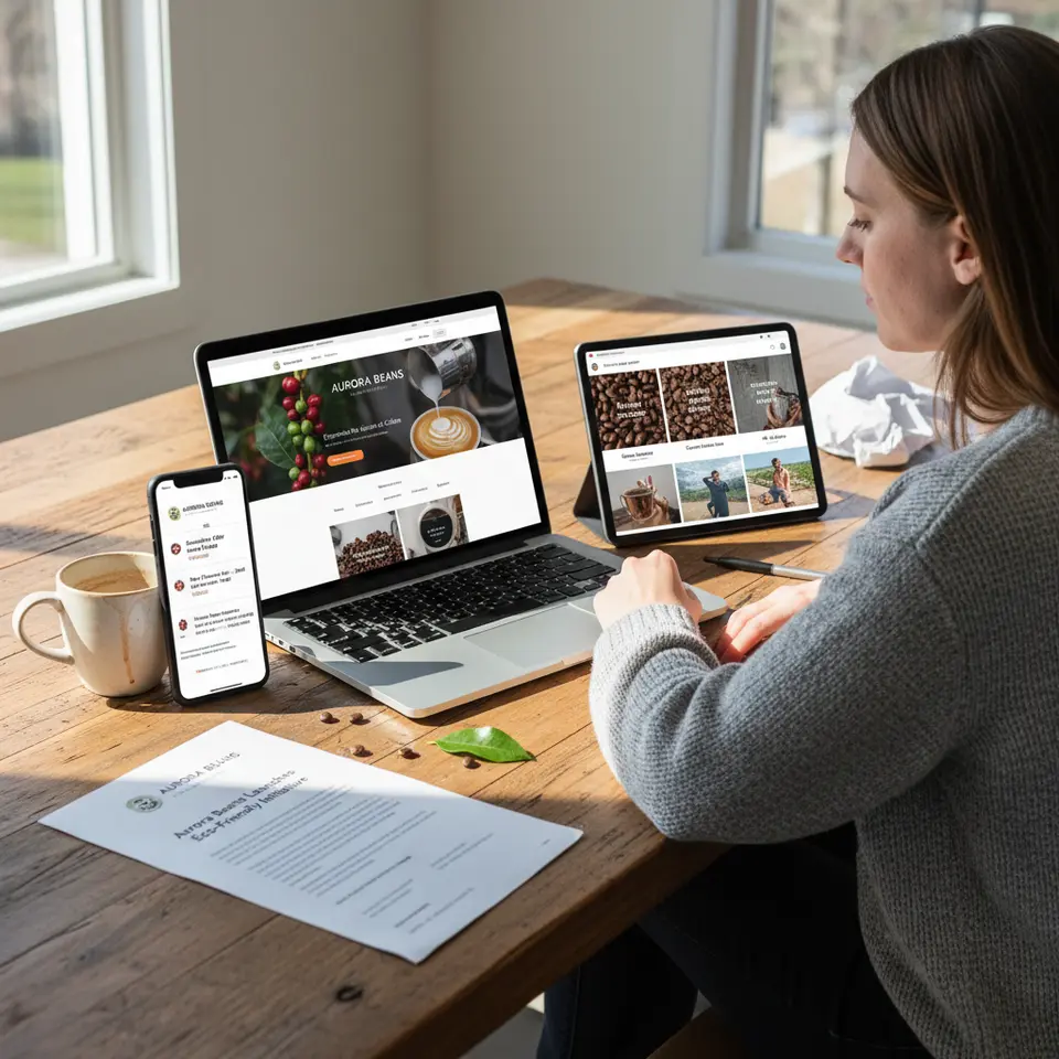 Multi-channel promotional campaign concept displaying a branded landing page on a laptop, a segmented email blast on a smartphone, social media ads on a tablet, and a printed press release on a desk