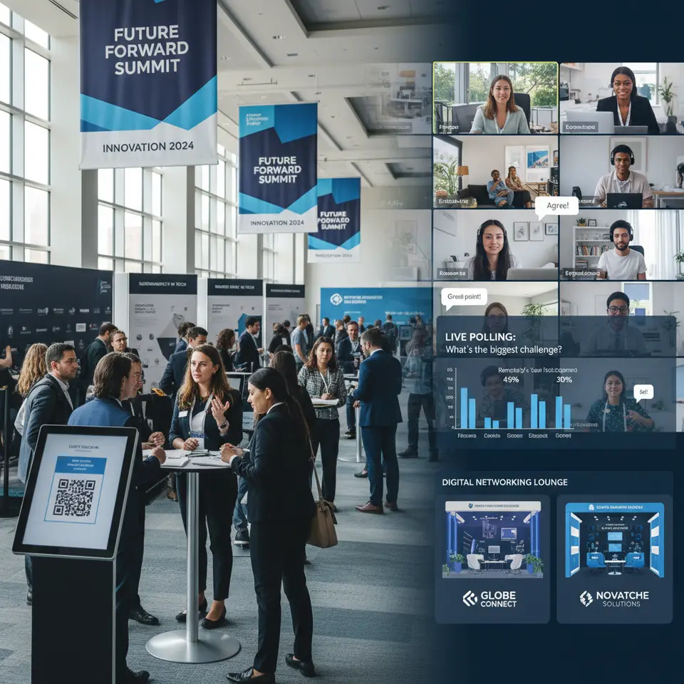 A split-screen illustration of a hybrid event: on one side, a bustling conference hall with QR-code self-service kiosks, branded signage, and small-group themed stations; on the other side, remote participants on video tiles interacting via live polling, chat bubbles, and a digital networking lounge with custom-branded virtual booths.