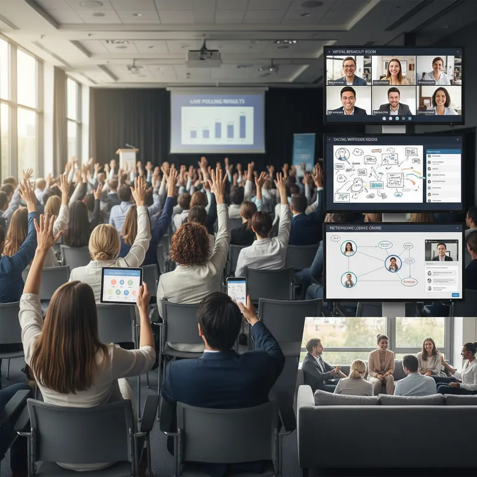 A dynamic hybrid event engagement scene split between an in-person conference hall and remote viewers on screens: attendees in seats raising hands, a live poll displayed on mobile devices, virtual breakout rooms with group video chats, digital whiteboards in use, and networking lounges both onsite and online.