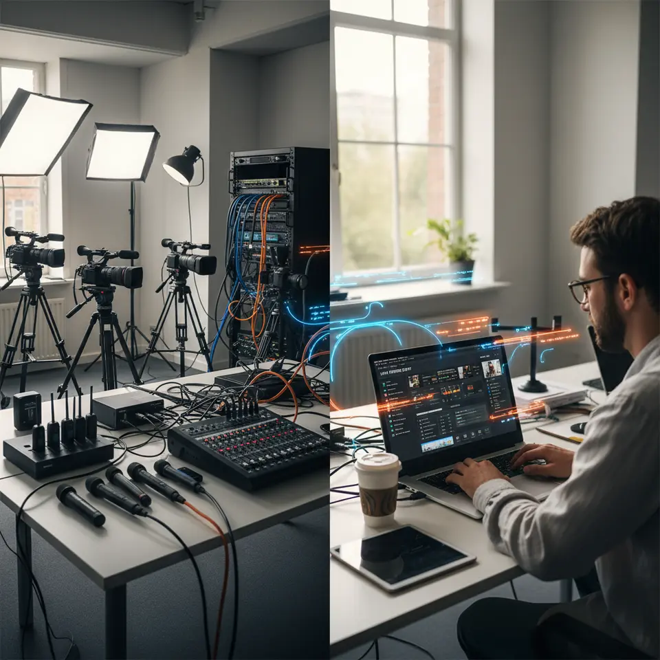 A detailed split-view showcasing the hybrid event technology stack: on-site professional AV equipment (multiple cameras, wireless microphones, audio mixers), network infrastructure with redundant routers and backup modems, and a virtual streaming dashboard on a laptop screen—interconnected by glowing data streams to illustrate live integration.