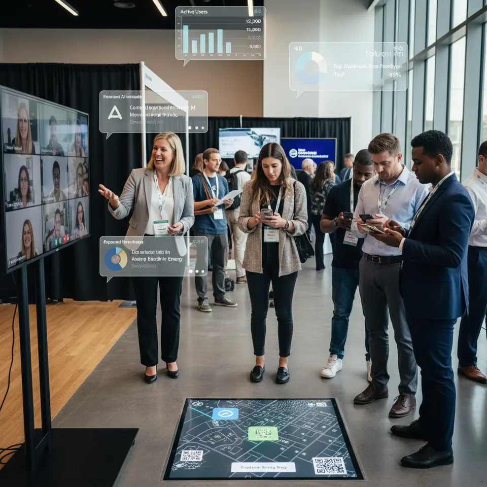 A dynamic hybrid event engagement scene: in-person attendees scanning QR codes on interactive digital floor maps, exploring exhibitor booths and downloading digital swag via a mobile app, alongside virtual participants joining through video windows on laptops—AI-driven matchmaking chat bubbles and real-time analytics widgets floating overhead.