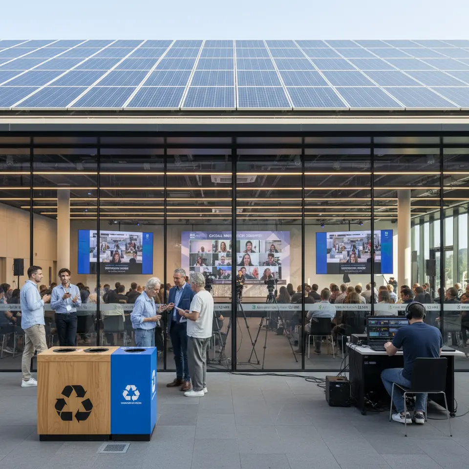 A modern hybrid event venue with LEED-certified features: solar panels on the roof, onsite compost and recycling stations, energy-efficient LED lighting, and a live streaming setup with cameras and screens connecting in-person and virtual attendees