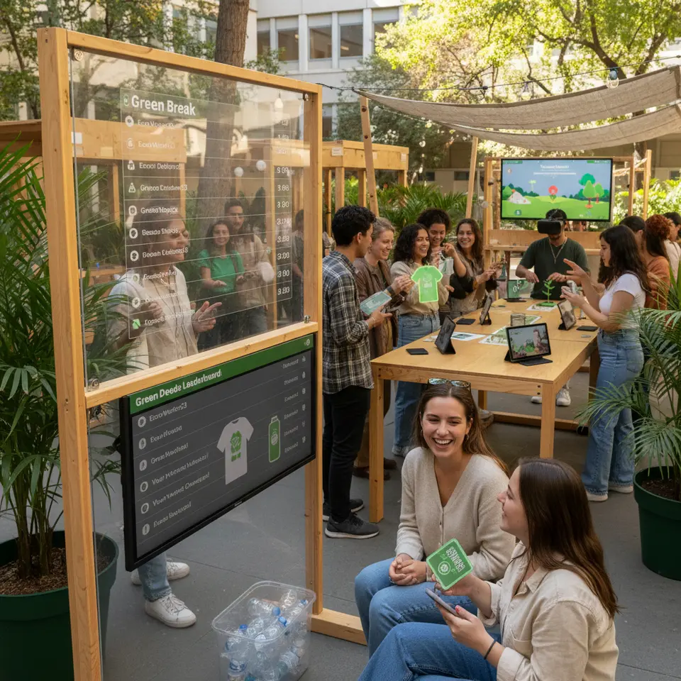 An interactive, eco-conscious event programming scene: attendees using a mobile app to earn digital badges for recycling, a real-time leaderboard displayed on a large screen, AR filters for virtual swag, and a ‘green break’ station where participants plant virtual trees